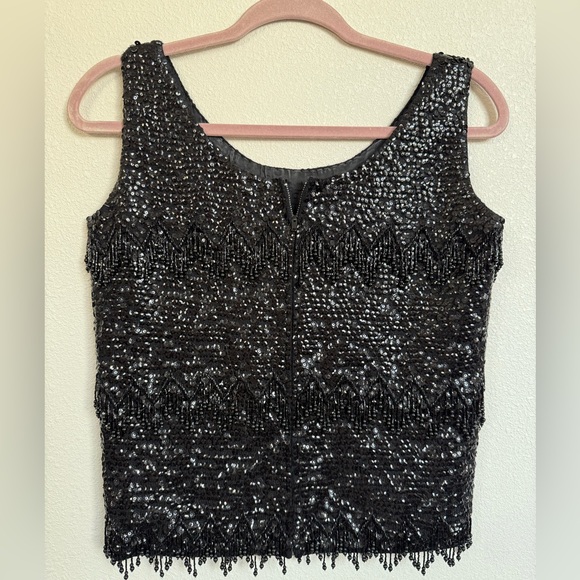 Vintage Black Sequin Beaded Fringe Top | Zip Front | Art Deco Glam - Picture 4 of 9